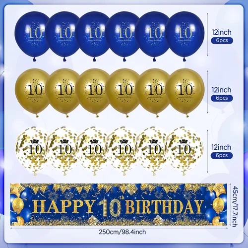 Miniatura 4 de Decoraciones de cumpleaños número 10 para niños pequeños, niños y niñas, azul marino y dorado, pancarta de fiesta de feliz cumpleaños de 18 piezas