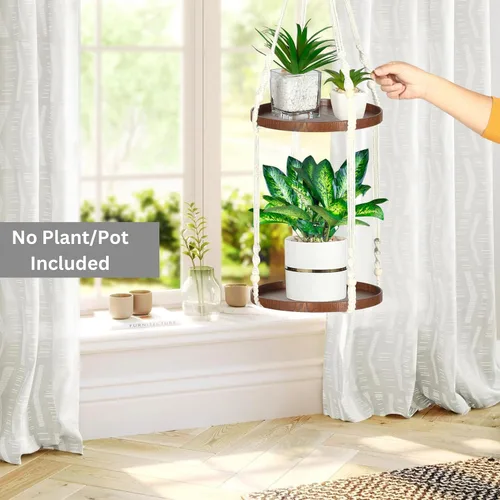 Miniatura 5 de Colgador de macramé de 2 niveles Colgador de plantas para interiores, maceta colgante Estante para macetas colgantes (beige)