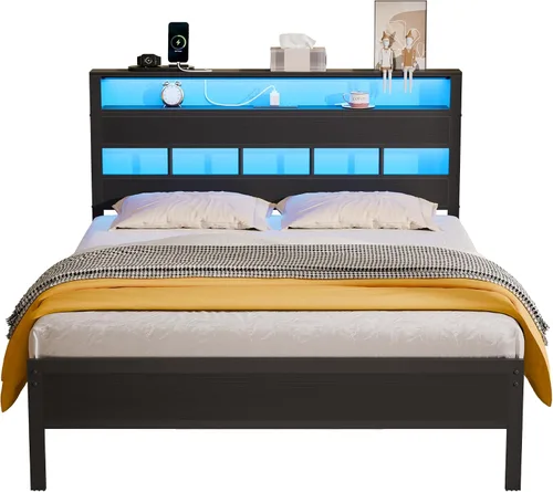 Miniatura 9 de Furnulem Base de cama de tamaño matrimonial con luz LED y estación de carga, cabecera de almacenamiento de madera con estantes de 2 niveles, cama