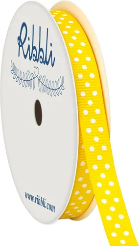 Ribbli Cinta de grogrén para manualidades, carrete de 3/8 pulgadas, 10 yardas, narciso amarillo con puntos blancos, uso para envolver regalos,