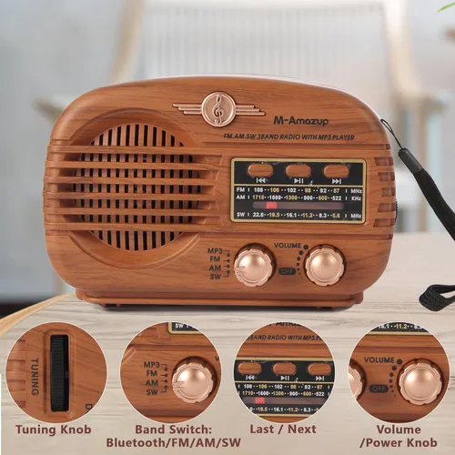 Miniatura 5 de Radios portátiles AM FM SW, radio retro con altavoz, radio transistor Bluetooth 5.3, batería recargable, TWS, soporte de tarjeta TF/MP3/reproducción