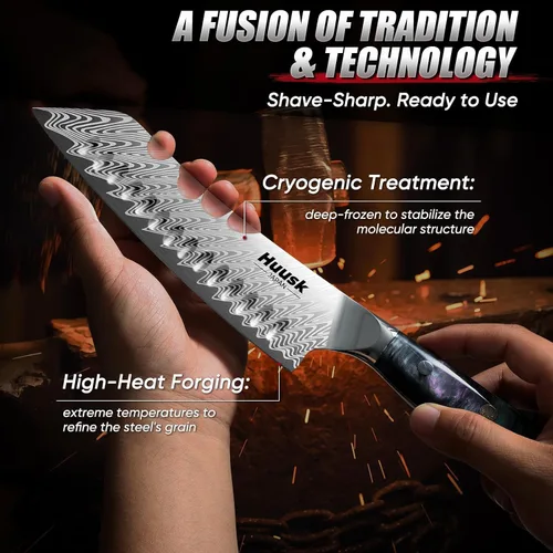 Miniatura 6 de Huusk Cuchillo japonés Santoku de 7 pulgadas, cuchillo de chef profesional para cocina con mango de resina, acero inoxidable de alto carbono