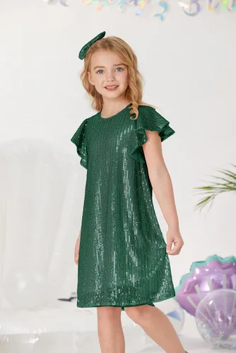 Miniatura 3 de GRACE KARIN Vestido de lentejuelas para niñas, manga corta, con vuelo, silueta acampanada, vestido midi con lazo para el pelo, 5-12 años