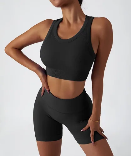 Miniatura 106 de Conjuntos de entrenamiento para mujer, 2 piezas, sin costuras, acanalada, sin mangas, brasier deportivo, cintura alta, pantalones cortos