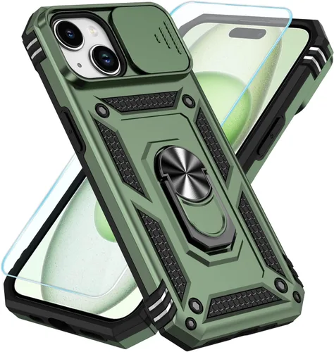 Miniatura 26 de SunStory Funda compatible con iPhone 15 con protector de pantalla HD, cubierta de cámara deslizante y soporte de anillo giratorio, [grado militar]