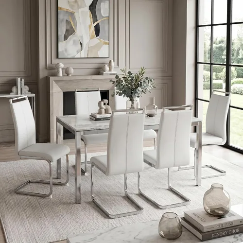 Miniatura 49 de gopop Juego de sillas de comedor, sillas modernas de metal con asiento acolchado de piel sintética, respaldo alto y patas cromadas resistentes, Negro