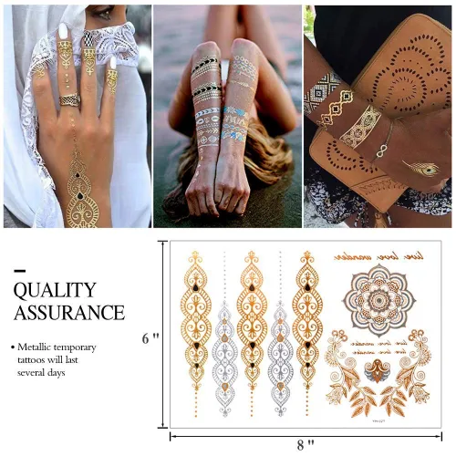 Miniatura 2 de Tatuajes temporales metálicos de más de 120 años para mujeres, adolescentes, niñas, tatuajes dorados y plateados, con purpurina, impermeables