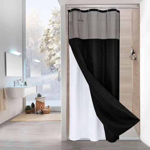 Miniatura 30 de MitoVilla Cortina de ducha pequeña beige de 36 x 72 pulgadas, juego de cortina de ducha de tela de punto gofre de tamaño medio estrecho con forro