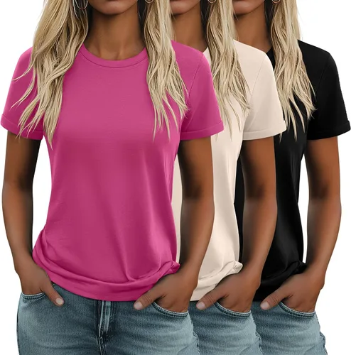 Miniatura 16 de Huukeay Paquete de 3 camisetas de algodón para mujer, estilo casual, de manga corta, cuello redondo, ajuste holgado, básica, lisa