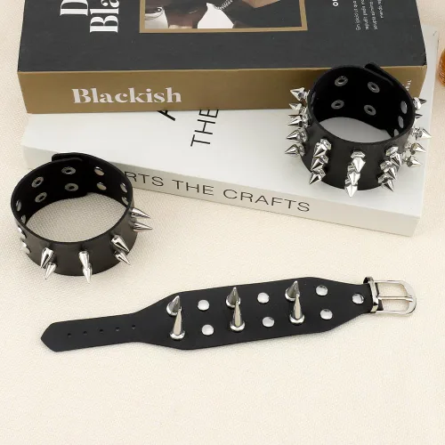 Miniatura 4 de Pulsera con tachuelas, Spike Punk Goth Punk de cuero para mujeres y hombres