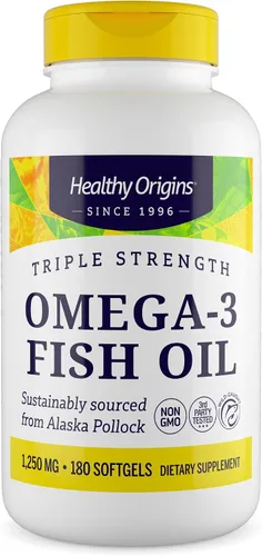 Healthy Origins Aceite de pescado Omega 3 de triple fuerza de 1250 mg, 180 cápsulas blandas – Abadejo de Alaska silvestre de origen – Ácidos grasos