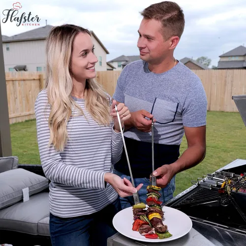 Miniatura 7 de FLAFSTER KITCHEN - Brochetas de barbacoa para asar – Palos de Kebab planos de acero inoxidable de 16 pulgadas con barra de empuje, brochetas