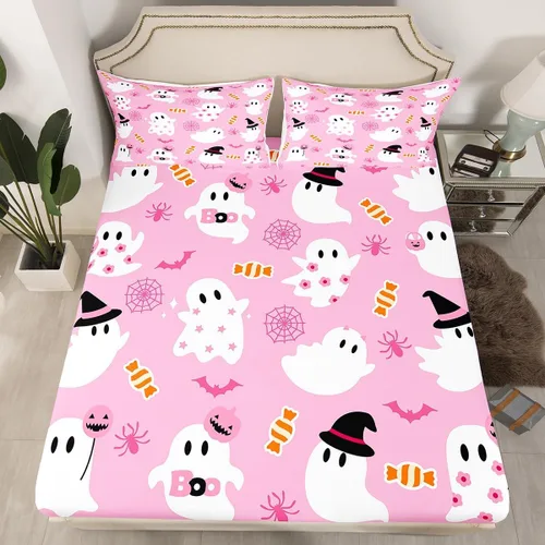 Miniatura 12 de Sábana bajera ajustable de fantasma de Halloween, tamaño individual, sábana de bruja de calabaza de caramelo de dibujos animados, juego de ropa