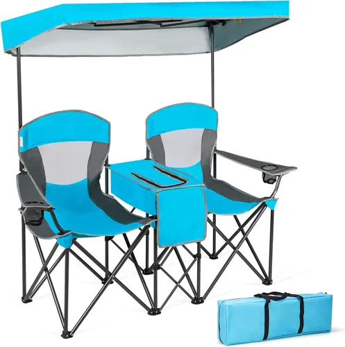 Miniatura 8 de GYMAX Silla de campamento doble, silla de playa con toldo y protección UV ajustable, refrigeradora, portavasos y bolsa de transporte, silla plegable