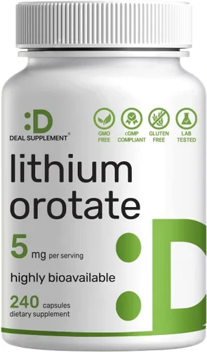Orotato de litio de 5 mg, 240 cápsulas – Suplementos de litio altamente biodisponibles y estables – Sal mineral de fácil absorción en forma suave –