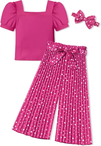 Miniatura 41 de DONWEN Conjunto de 3 piezas de ropa para niñas pequeñas y niñas con cuello cuadrado + pantalones elegantes + diadema para primavera y verano