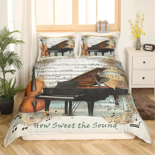 Miniatura 2 de Juego de funda de edredón de violonchelo de piano, tamaño individual, juego de ropa de cama de 2 piezas para niños, niñas, niños y adultos