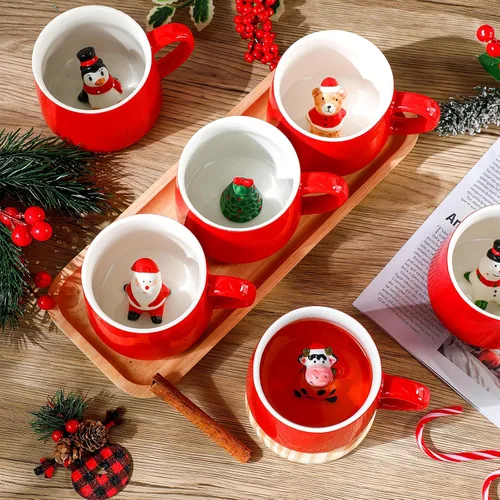 Miniatura 4 de Uiifan 6 piezas Tazas de café de Navidad 3D 375 ml Tazas de chocolate caliente Cerámica Muñeco de nieve Papá Noel Árbol de Navidad Pingüino Taza