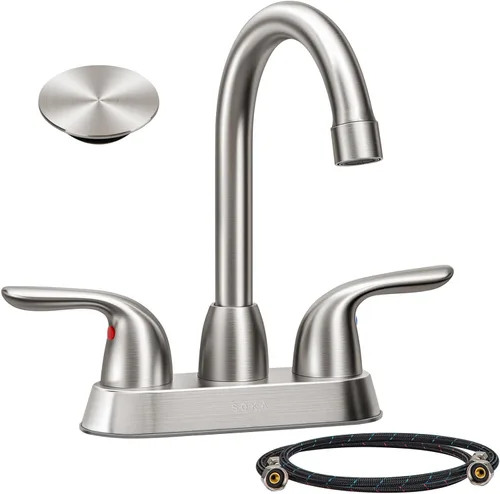 Miniatura 12 de SOKA Grifo dorado para lavabo de baño con cascada, grifo de lavabo de un solo orificio con drenaje emergente, grifo moderno para fregadero de tocador