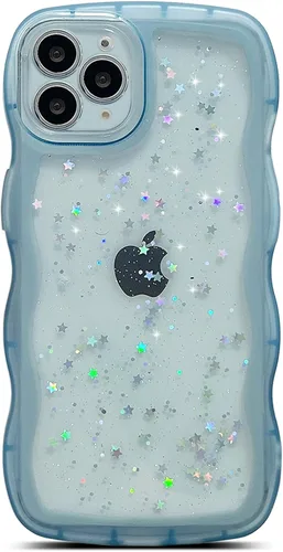 Miniatura 92 de Qokey Funda para iPhone 12 Pro Max de 6.7 pulgadas, diseño de onda rizada, borde transparente, brillante con purpurina, estrella brillante, bonita