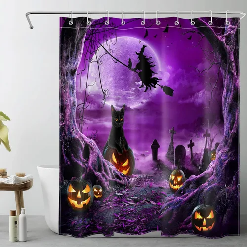 Miniatura 17 de LB Cortina de ducha espeluznante de Halloween, árbol muerto espeluznante con tela de araña de murciélago, cortina de ducha de baño con temática