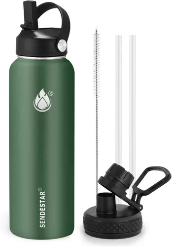 Miniatura 44 de SENDESTAR Botella de agua aislada de 24 onzas, boca ancha, botella de agua de 24 onzas con tapa con popote, tapa de boquilla, acero inoxidable