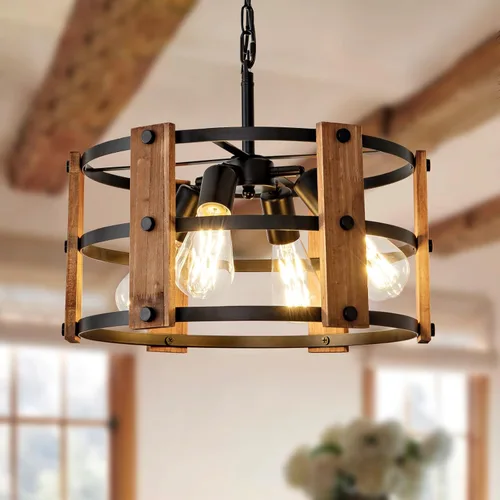 Miniatura 20 de Lámpara colgante estilo granja, luces colgantes negras para isla de cocina, luz colgante de metal industrial y madera vintage, lámpara de techo