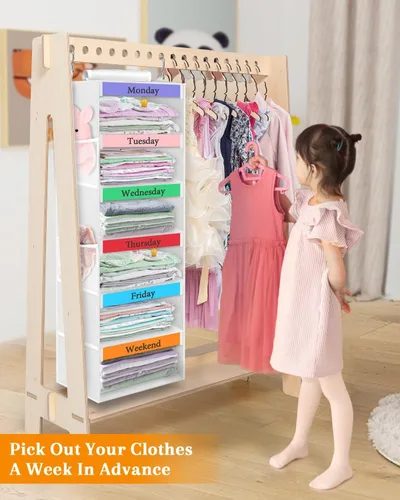 Miniatura 2 de punemi Organizador semanal de ropa para niños, 6 estantes colgantes con bolsillos laterales, diseño de días de la semana, 11.8 x 11.8 x 37.8