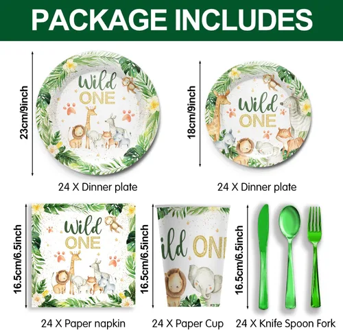 Miniatura 4 de 168 Wild One - Juego de vajilla para fiesta de cumpleaños, incluye platos, servilletas, vasos, cubiertos, para temática de selva de animales