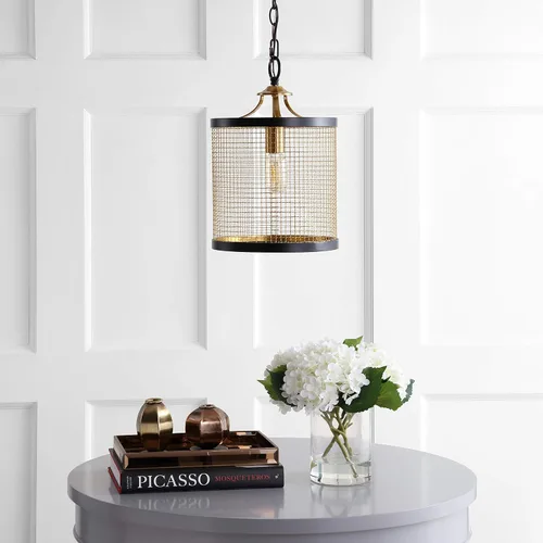 Miniatura 3 de JONATHAN Y JYL9530A - Farol colgante de hierro con 1 luz, color negro y dorado de 10 pulgadas, luz colgante de tambor contemporáneo para isla