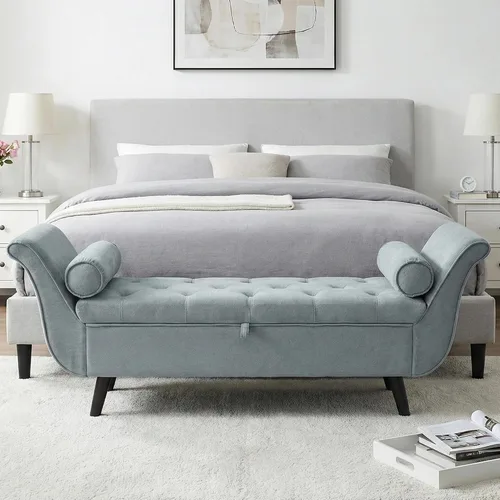 Miniatura 13 de Banco de almacenamiento de terciopelo para dormitorio, banco de extremo de cama con otomana, bancos tapizados con botones capitoné tamaño King