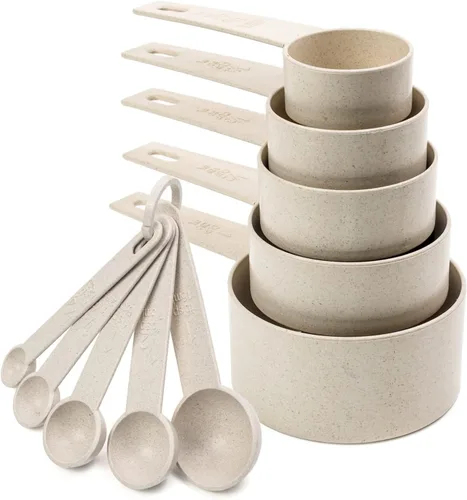 Beille - Juego de tazas medidoras de paja de trigo crema y cucharas, herramientas de cocina y horneado, 10 piezas