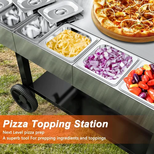 Miniatura 2 de Estación de cobertura de pizza para mesa de horno de pizza, recipiente de pizza de acero inoxidable con 6 recipientes de condimentos con tapas