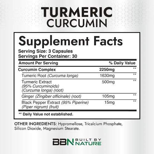 Miniatura 4 de Built by Nature Curcumina de cúrcuma de 2250 mg – 95% curcuminoides con jengibre y pimienta negra para alta absorción – Soporte articular extra