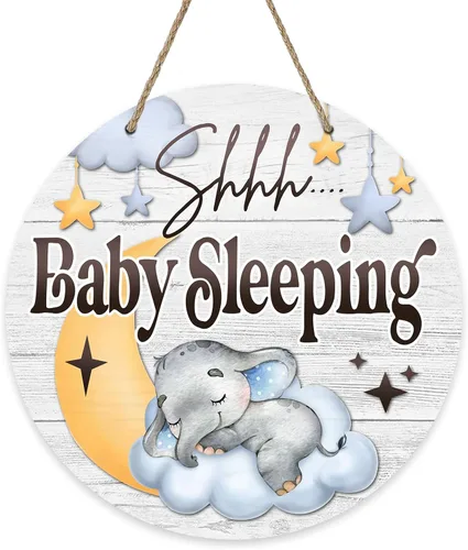 Shhh Baby Sleeping - Letrero para puerta delantera, elefante, luna, nube, estrellas, colgador de puerta de madera, decoración de dormitorio de