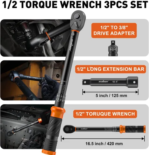 Miniatura 3 de HORUSDY Juego de llaves dinamométricas de clic de accionamiento de 1/2 pulgada – 10-170 ft-lb / 13.6–230.5 Nm, ±3% de precisión, escala doble
