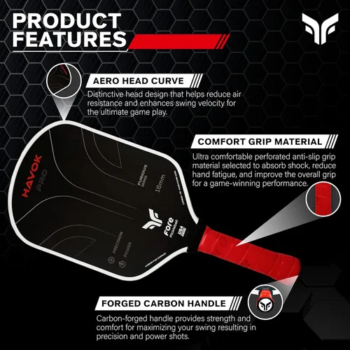 Miniatura 4 de Havok Pro Pickleball Paddle: Carbon Fiber Surface for Enhanced Power, Precision and Maximum Spin - Large Sweet Spot and USAPA Approved Rojo