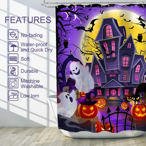 Miniatura 3 de Cortina de ducha de Halloween, cortina de baño impermeable de castillo, 71 x 71 pulgadas, decoración de baño de calabazas espeluznantes y fantasmas