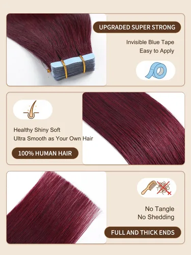 Miniatura 2 de YILITE Extensiones de cabello adhesivas de color rojo, 18 pulgadas, 50 g, 20 unidades, #99J, 100% cabello humano Remy, trama de piel sin costuras