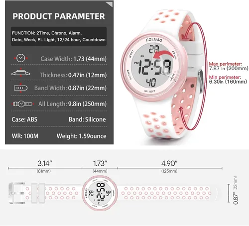 Miniatura 5 de Reloj digital unisex de 10ATM con cronómetro, alarma, cuenta regresiva, doble hora con banda de silicona suave de doble inyección, Rosa-Blanco