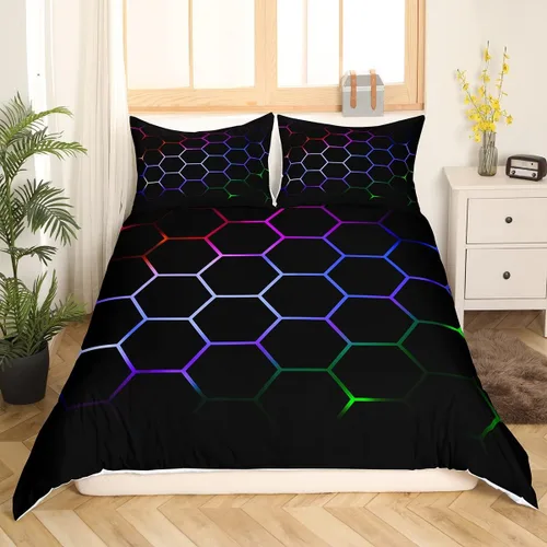 Miniatura 14 de Funda de edredón de panal para niños, hombres y niñas, juego de ropa de cama moderno con temática geométrica hexagonal, diseño de cuadrícula