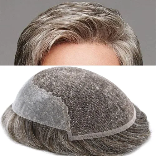 Miniatura 11 de Toupee para hombres, sistema de reemplazo de cabello humano Remy, nudos blanqueados, encaje frontal, piel fina, para hombre, color gris, pelucas
