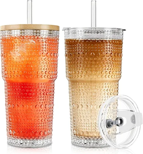 Miniatura 17 de SoulTimes Vaso de vidrio de flor de begonia de 20 onzas con tapas y popotes, 2 tazas de vidrio para café helado para batidos, matcha, jugo, agua