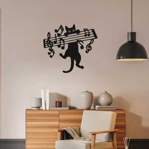 Miniatura 5 de Otoolling Notas musicales para decoración de pared con diseño de gato negro de metal, letreros musicales para colgar, decoración del hogar para sala