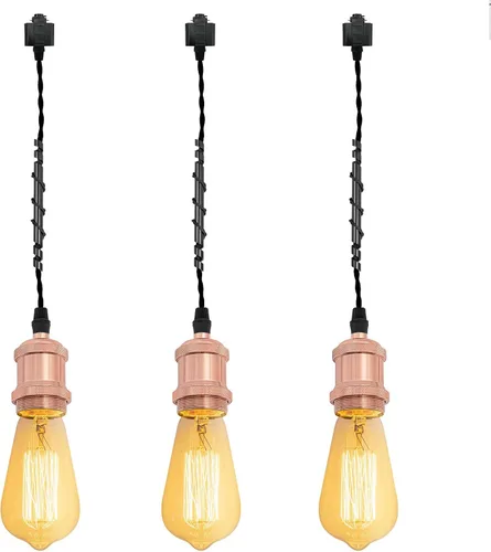 Miniatura 44 de Kiven 3 luces H System Track Mini colgante, soporte de lámpara con acabado negro perla, kit de luces de riel, colgante de rosa, tela trenzada
