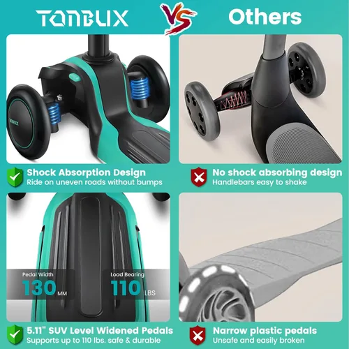 Miniatura 4 de TONBUX Patinete para niños de 3 a 12 años, patinete para niños pequeños con 4 alturas ajustables, patinete de 3 ruedas con luces, diseño de Verde