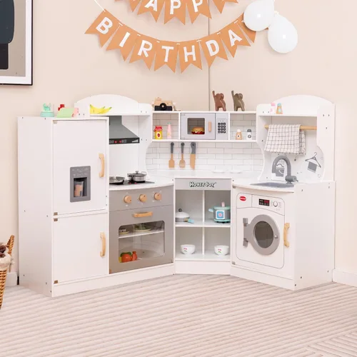 Miniatura 2 de HONEY JOY Juego de cocina esquinera para niños, cocina de madera definitiva para niños pequeños, lavadora, máquina de hielo, fregadero, microondas