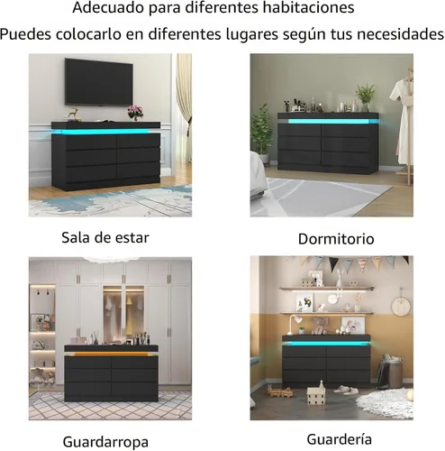 Miniatura 7 de Gyfimoie Cómoda de 6 cajones con toma de corriente, cómoda con luz LED, cómoda moderna de cajones para armario, gabinete organizador de cajones Negro