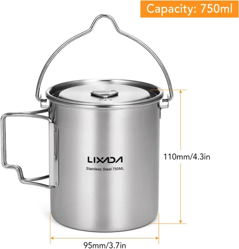 Miniatura 4 de LIXADA Taza para acampar, taza de agua de acero inoxidable de 25.4 fl oz con asas plegables y tapa para acampar al aire libre, senderismo, mochilero