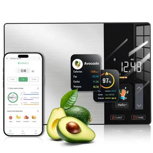 KUAIVO Báscula inteligente de nutrición alimentaria con pantalla TFT, rastrea calorías, grasas, carbohidratos y proteínas, funciona con aplicación